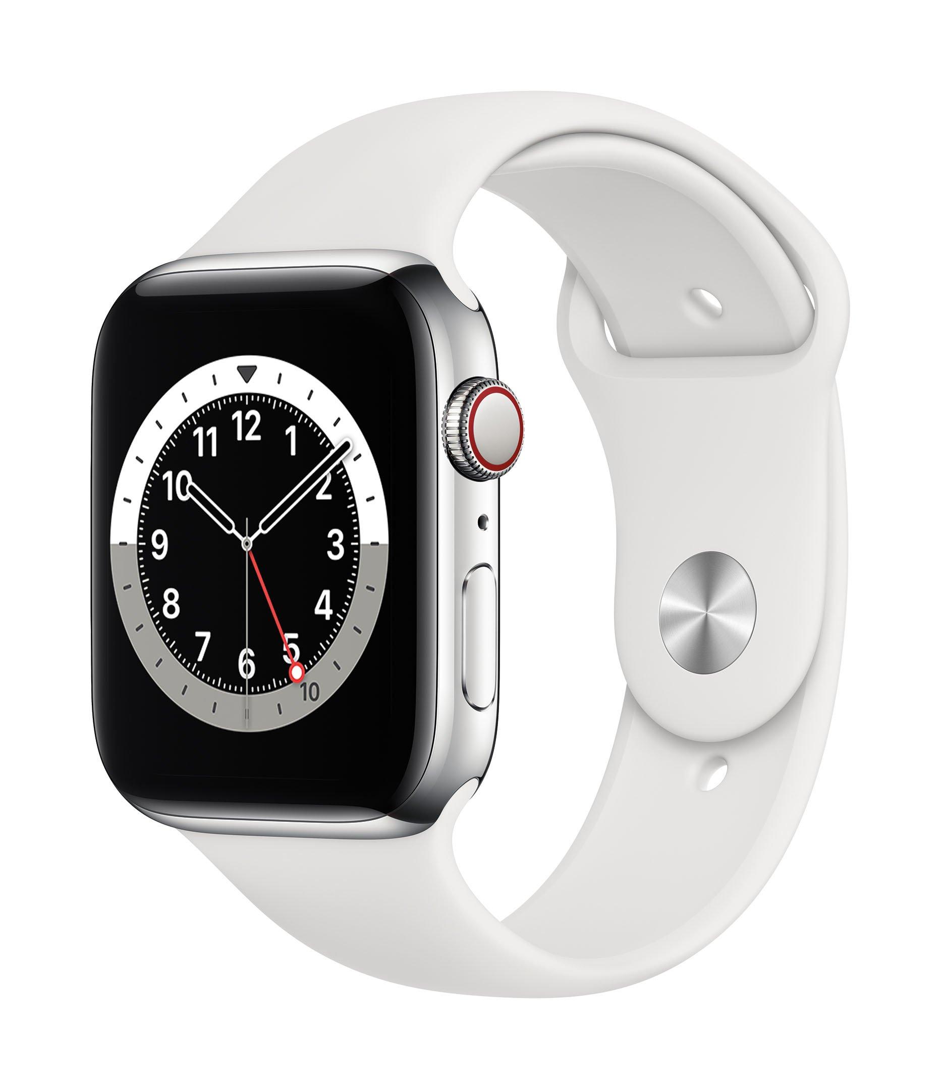 Buy Apple Watch Series 6 GPS + Cellular, 44MM Silver Stainless Steel Case with White Sport Band in Saudi Arabia