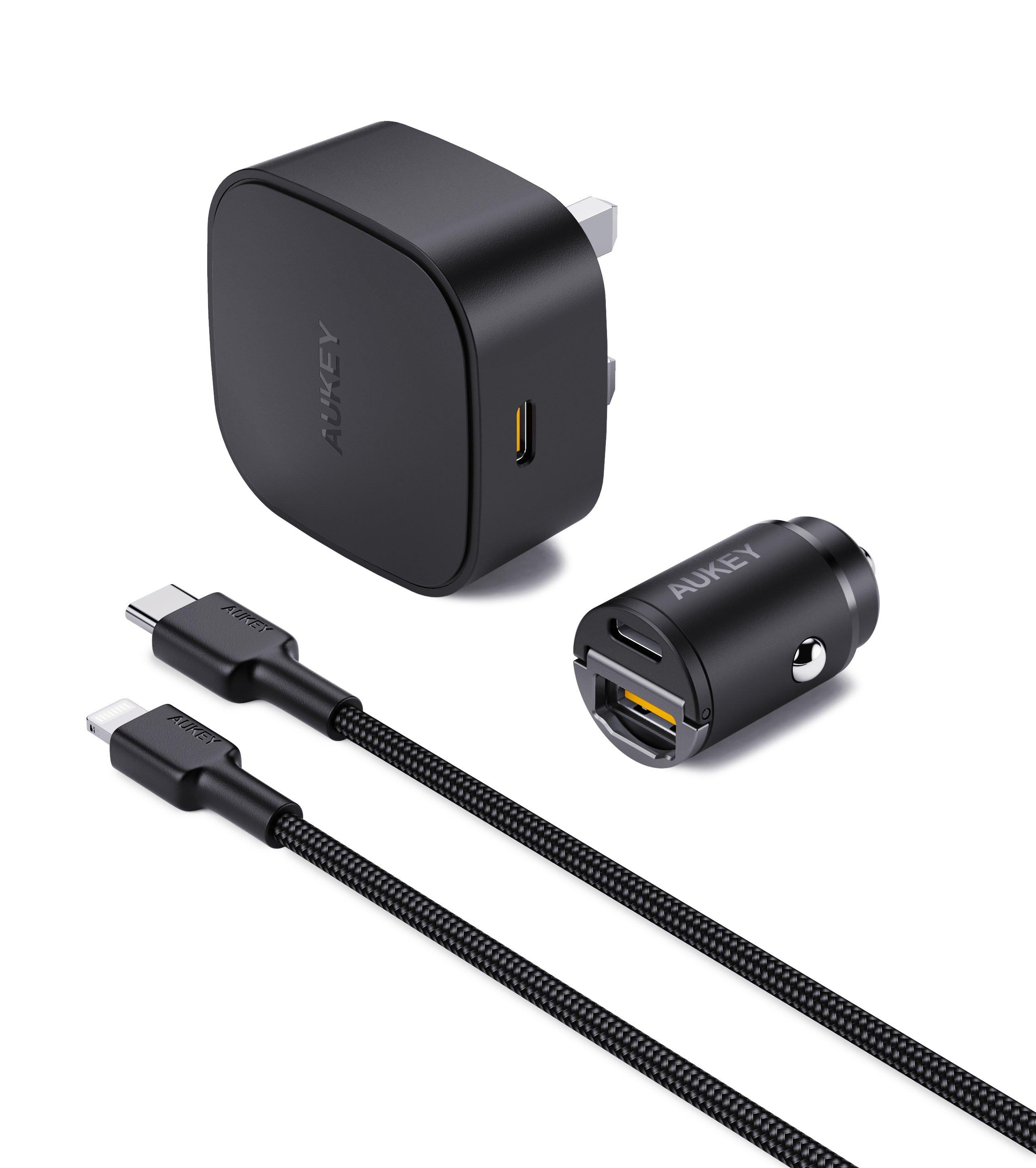 AUKEY Bundle II, Wall Charger, Car Charger, USBC To Lightning Cable