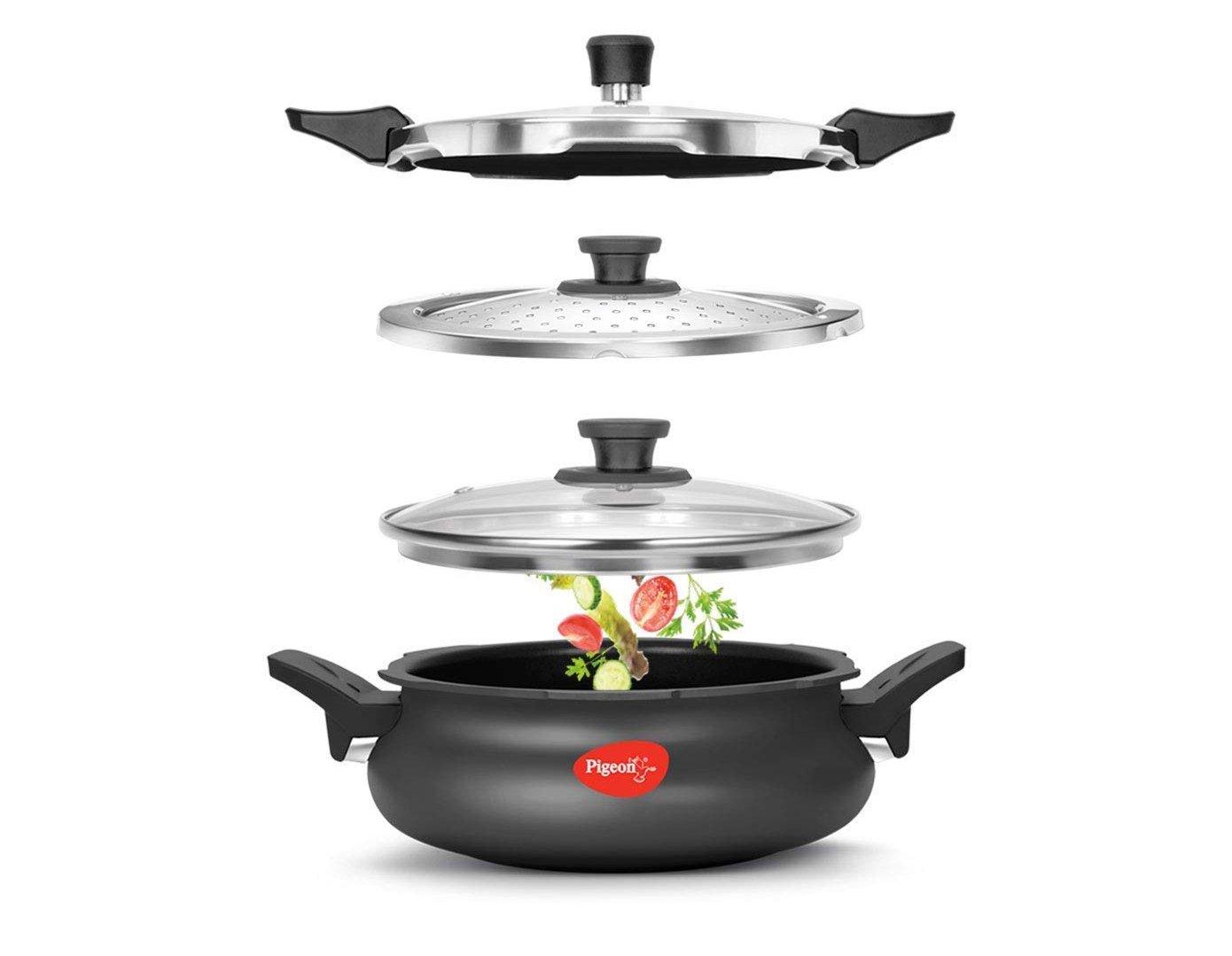 Pigeon 3 Ltrs Pressure Cooker 3 in 1 Cook Serve Drain Ceramic Coating Black eXtra Oman