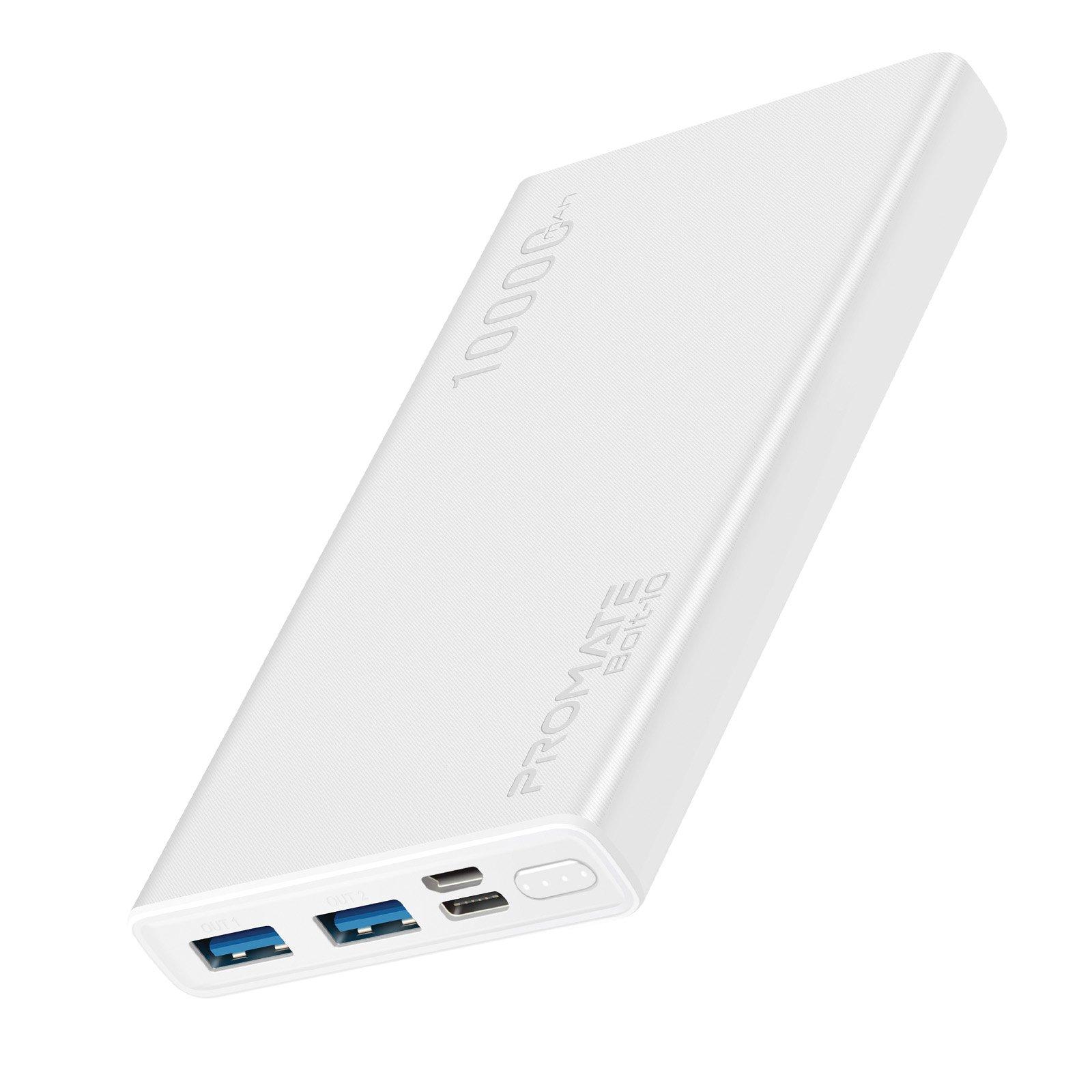 Promate Bolt Power Bank, 10000mAh Battery, Slim Design, White eXtra Oman