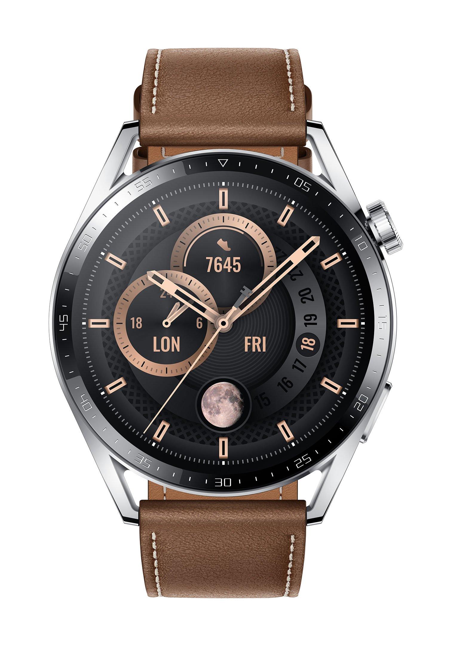 Buy Huawei Watch GT3 46MM Classic Stainless Steel with Leather Strap, Brown in Saudi Arabia