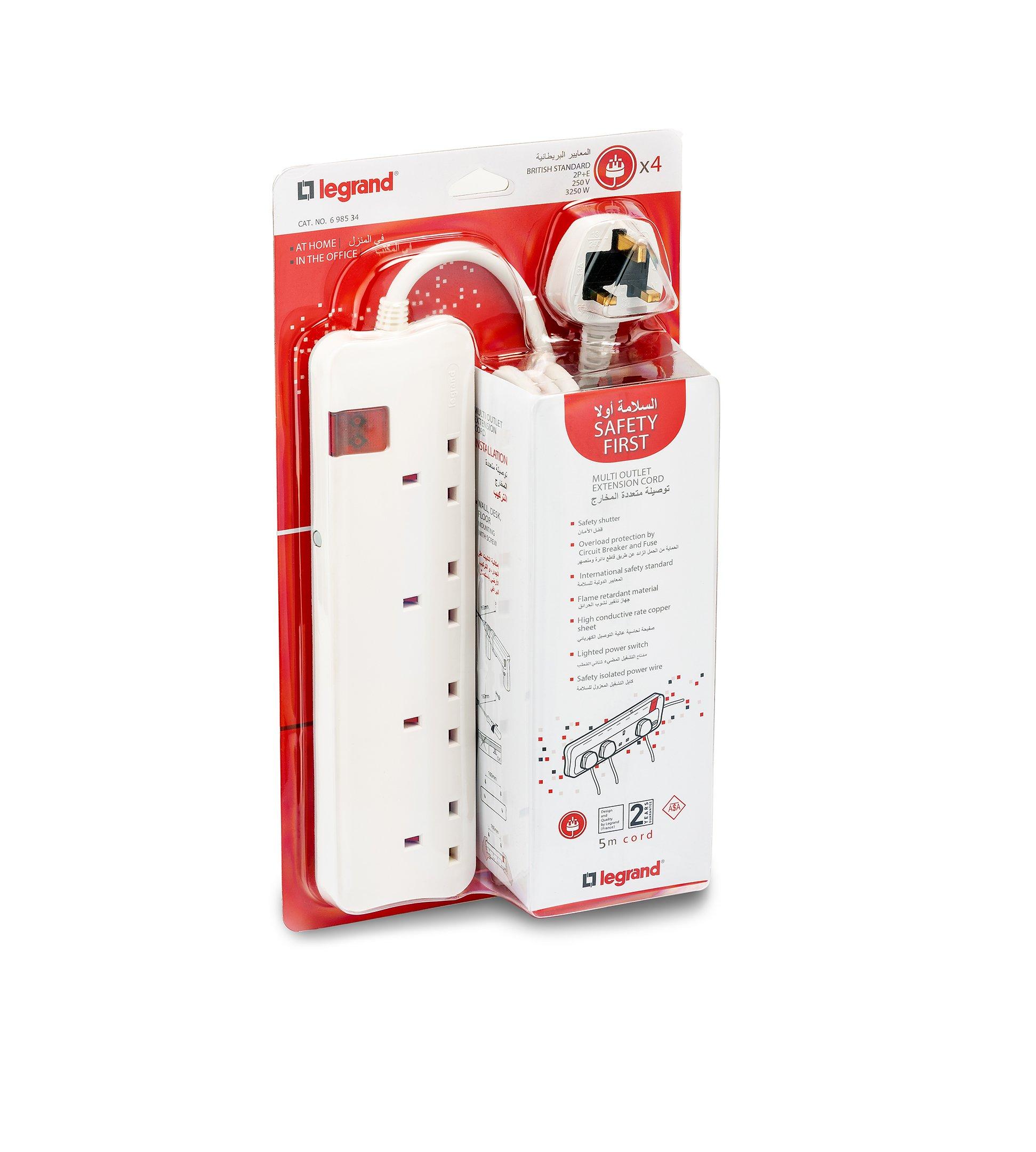 Legrand, Power Extension Cord, 4 Sockets, 5M Long Cord, White eXtra