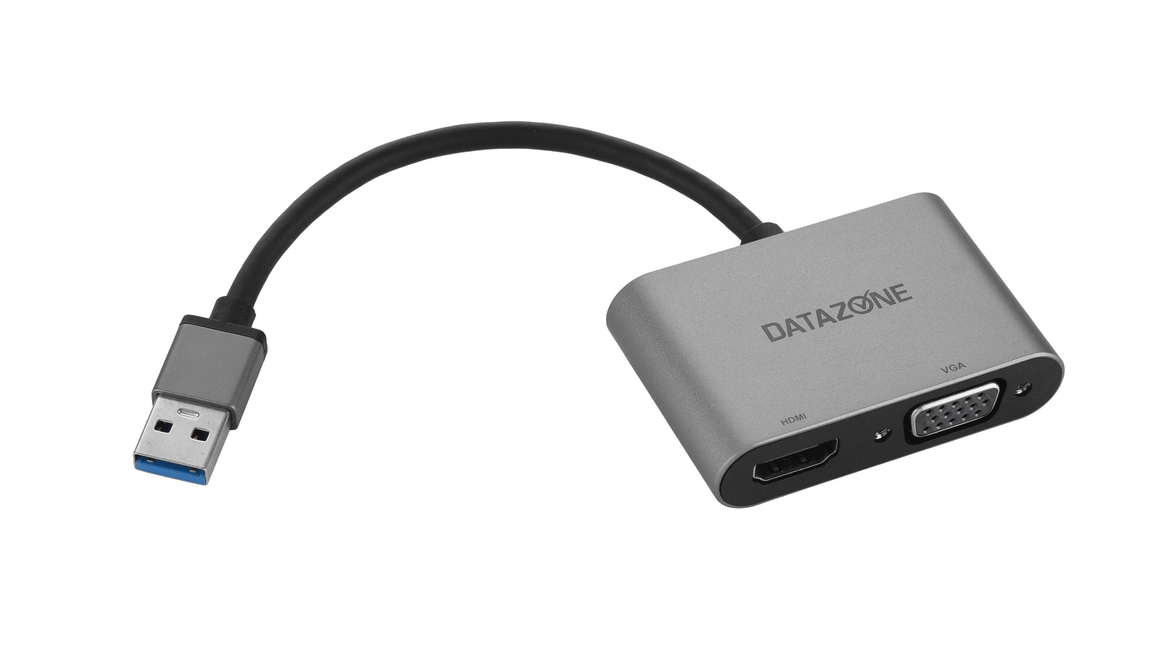 DATAZONE 2 in 1 USB-A to HDMI and VGA Adapter HUB, Grey - eXtra