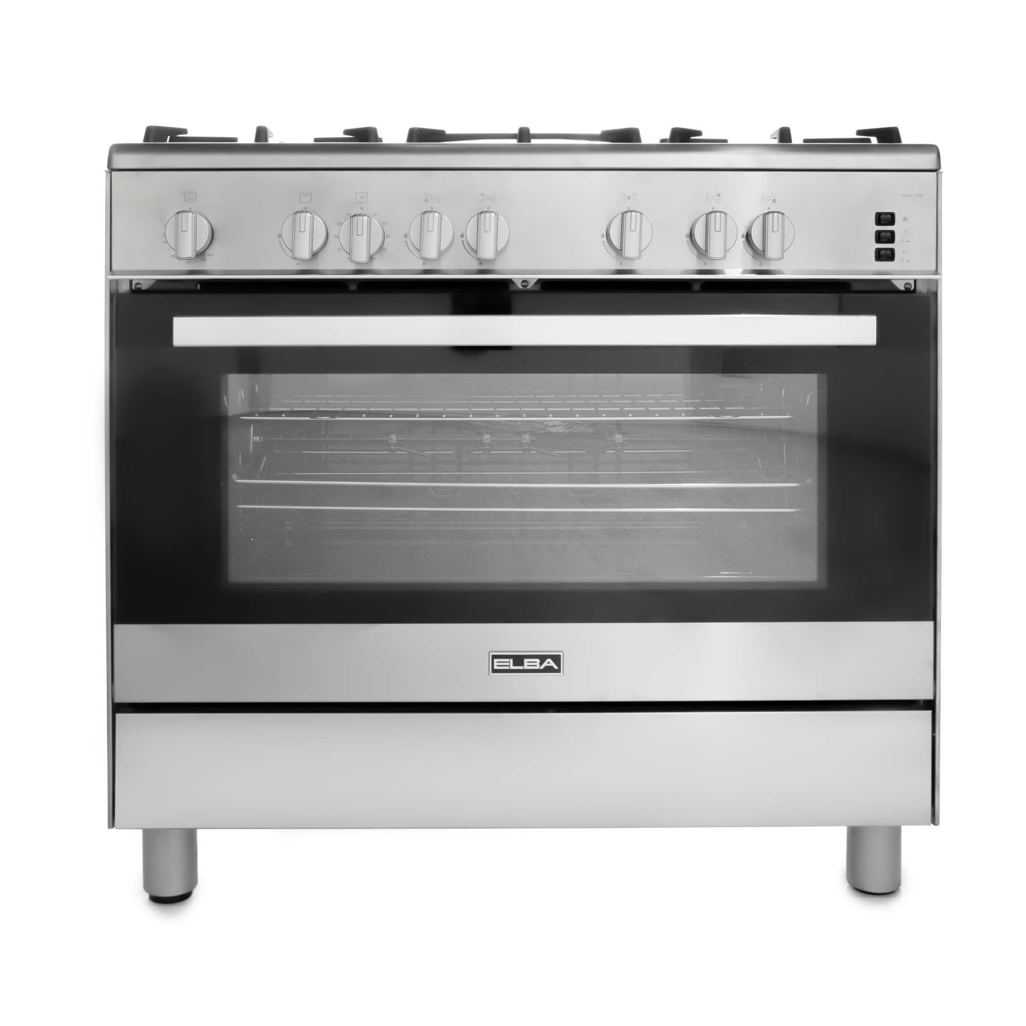 Elba Gas Cooker 90cm 5 Gas Burners Nickel Knobs Double Glass Door Rotisserie eXtra