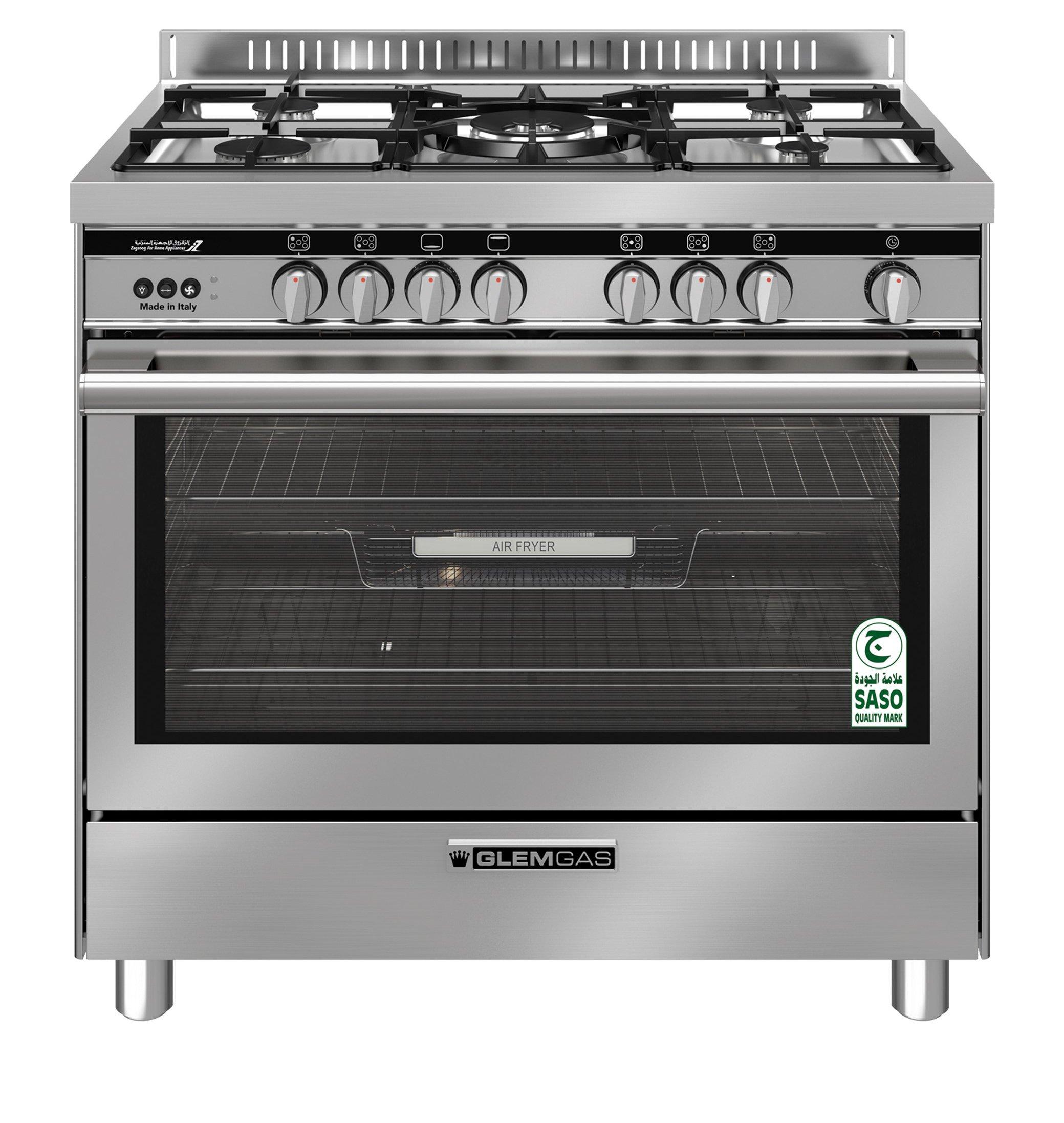 Buy Glem Gas Cooker 90X60, 5Gas Burners, Air Fryer, Full Safety, Cast Iron Pan Supports in Saudi Arabia