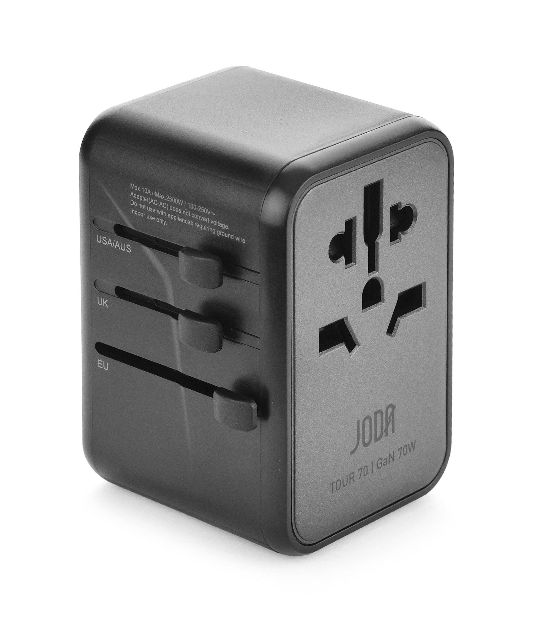 joda Joda Tour 70 Travel Adapter black 70w WC009ABUN1, Color: Black, Made In: China, Material: Plastic, Product Type: Adapter, Type: Travel Adapter, Voltage: 220-240 V 50HZ, Made in: China, No, No, Blister, 70, 4, No, 1, USB to Type C, UK/EU, No, Pack Of 1, No