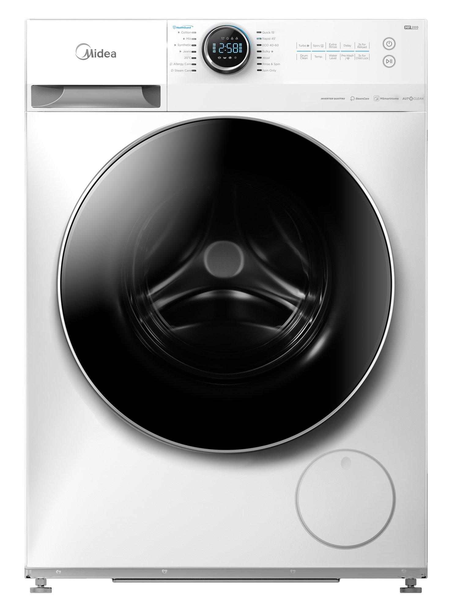 midea Midea MF200w80w1wsa 8 kg MF200W80W1WSA, Color: White, Energy Efficiency Class: A, Features: Inverter Motor; Steam, Made In: China, Product Type: Washing Machine Front Load, Voltage: 220-240, Inverter Motor: Yes, Washing Capacity: 8 KG, Dry Upto 65%, 85 cm, 59.5 cm, Knob + Touch, 14 Programs, WiFi, Front