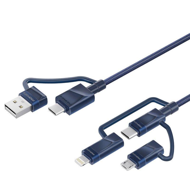 بروميت، كابل شحن متعدد 6 في 1، هجين ممتاز 20 فولت 3 أمبير، USB-C، موصلات Micro USB إلى USB-A، كابل شحن سريع المزامنة USB-C مع توصيل طاقة 60 وات من النوع C إلى النوع C ،أزرق