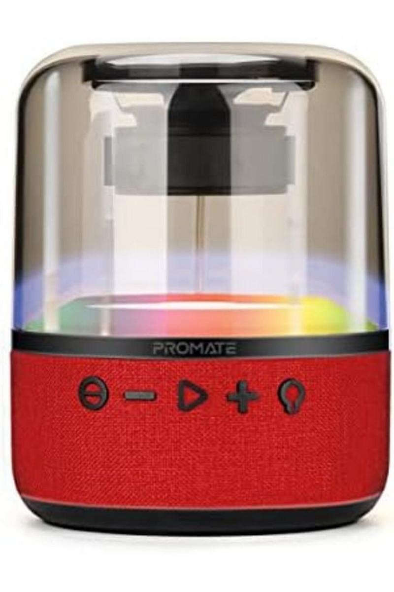 بروميت، مكبر صوت بلوتوث LED، 10 واط، منفذ AUX، بطاقة MicroSD، منفذ USB، صوت وإضاءة 360 درجة، أحمر