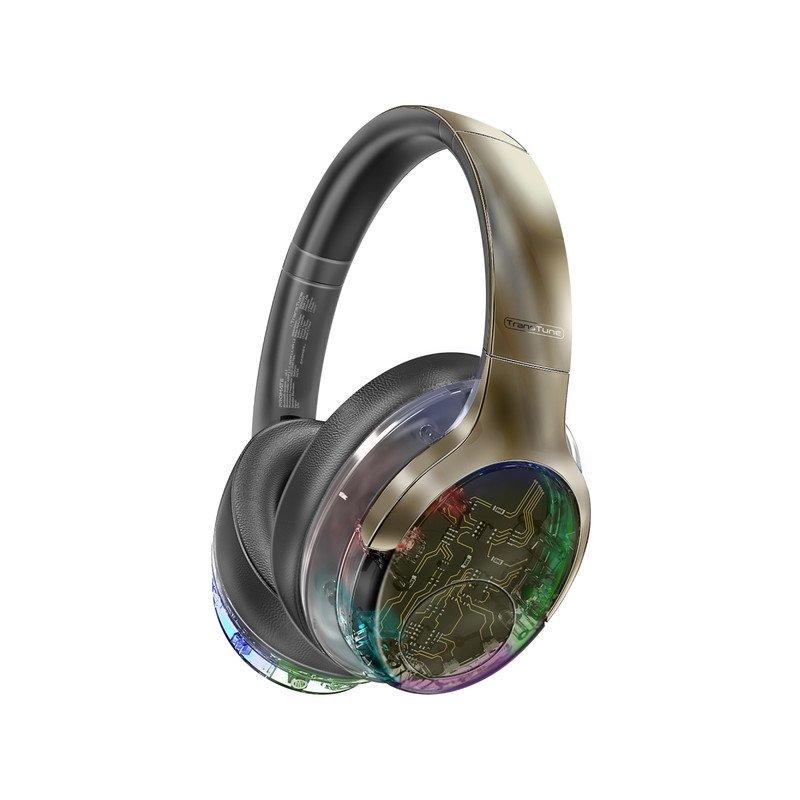 سماعات رأس لاسلكية من بروميت ، سماعة رأس شفافة عالية الدقة ANC بلوتوث v5.3 مع مصابيح RGB ، ميكروفون ، تصميم قابل للطي ، وقت تشغيل 40 ساعة ، بطارية 600 مللي أمبير في الساعة ، ومقبس 3.5 ملم لأجهزة iPhone و Galaxy و TransTune (رمادي)