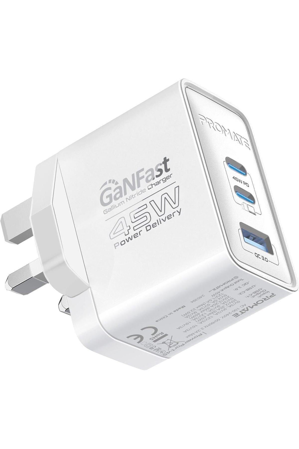 promate Promate Power Delivery Ganfast Charger Dual usb-c white 45w , Color: White, Material: ABS Plastic, Charging Type: Fast Charging, USB-C, Yes, 45, 2 Years