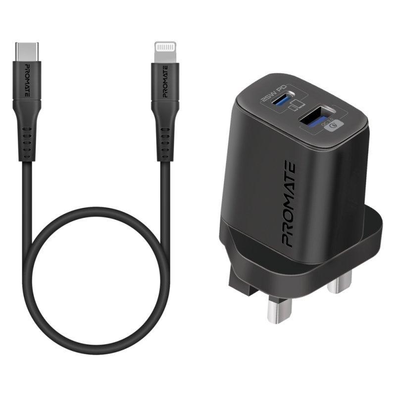 promate Promate usb-c Adapter And Cable Set With Dual Port Ac Charger chargekit-25pdi black 25w , Color: Black, Material: ABS Plastic, Charging Type: Fast Charging, USB-C, Yes, 25, 2 Years