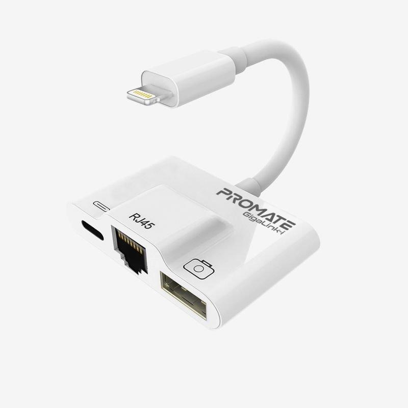 Promate OTG Lightning Hub ، مجموعة محول USB فائقة الصغر 3 في 1 Lightning إلى كاميرا رقمية مع منفذ RJ45 Ethernet ومنفذ مزامنة وشحن لأجهزة iPhone و iPad Pro و iPod و GigaLink-i
