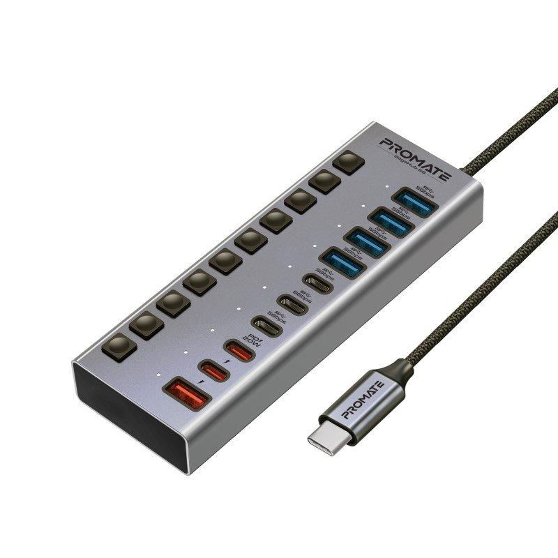 بروميت موزع 10 في 1 USB-C™ متعدد المنافذ، و3 منافذ USB-C™ و4 منافذ USB-A™ مع نقل بيانات بسرعة 5 جيجابت في الثانية، ومنفذ USB-C™ PD بقدرة 20 وات مع مفاتيح طاقة فردية — صورة 1