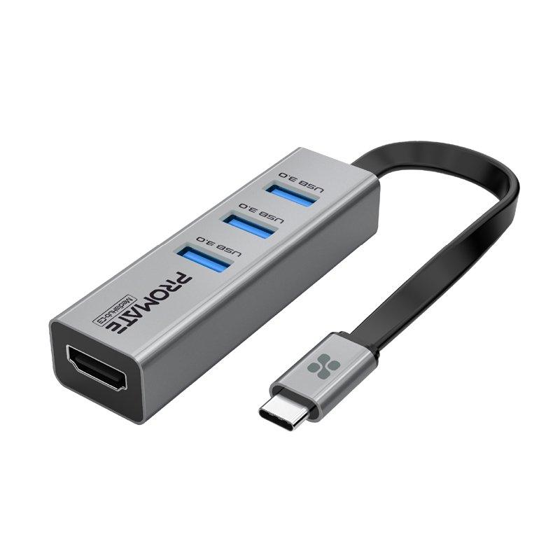 محول USB-C إلى HDMI من Promate ، موزع HDMI فائق الصغر من النوع C إلى 4K 30 هرتز مع 3 منافذ USB 3.0 Sync Charge بسرعة 5 جيجابت في الثانية وغلاف من سبائك الألومنيوم لأجهزة MacBook Pro و iPhone 13 و iPad — صورة 1
