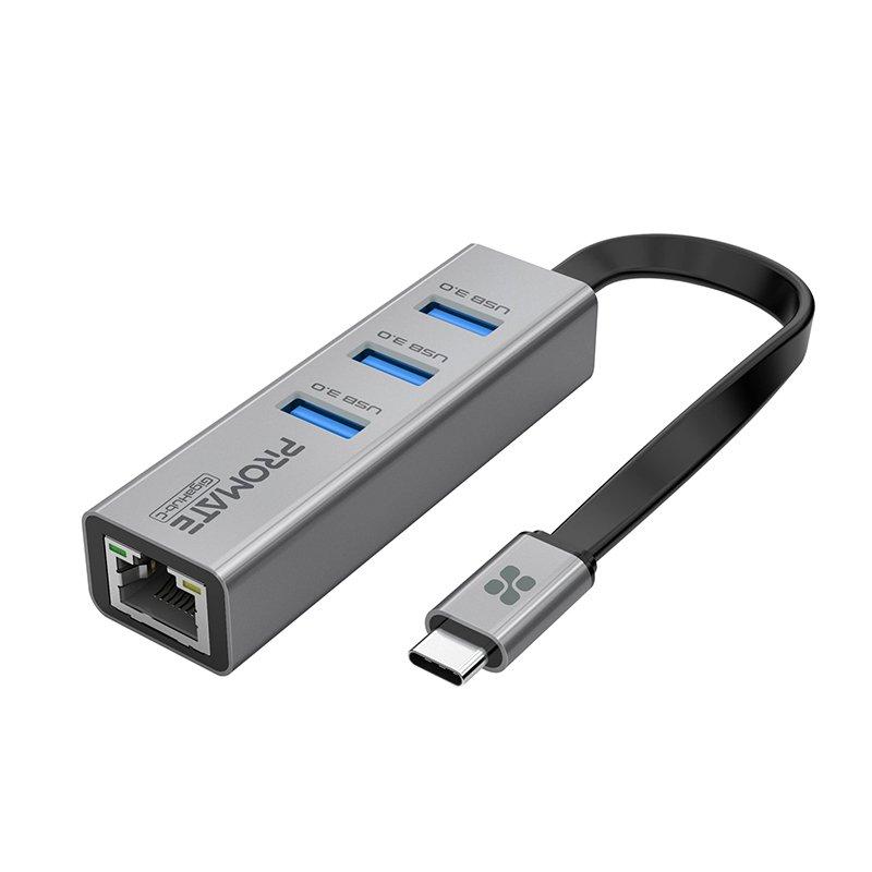 محول شبكة Promate GigaHub-C متعدد المنافذ USB-C إلى 1000 ميجابت في الثانية RJ45 مع 3 منافذ USB فائقة السرعة ، وسرعة نقل بيانات 5 جيجابت في الثانية ، لأجهزة الكمبيوتر المحمولة USB-C™ والهواتف الذكية وا — صورة 1