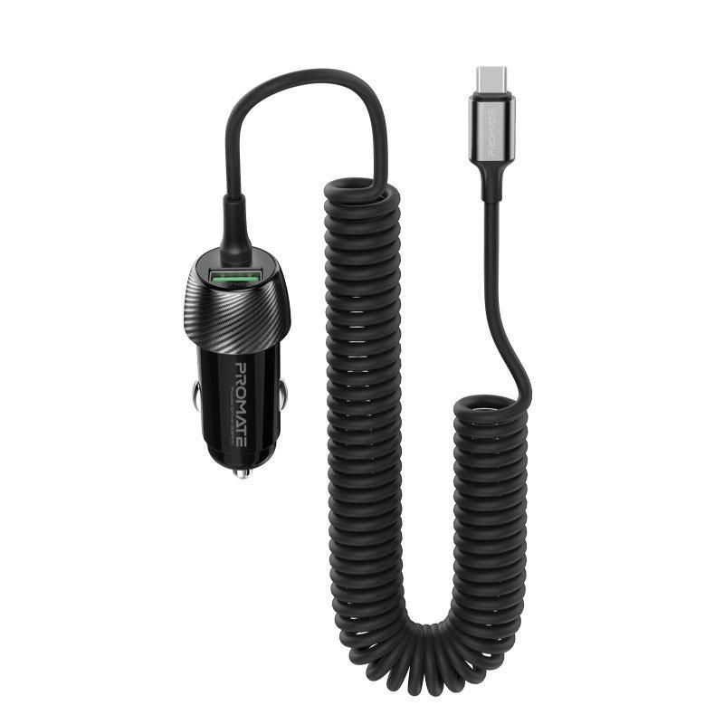 شاحن سيارة بروميت USB-C مع كابل ، شاحن تيار مستمر عالمي بقدرة 33 واط مع سلك ملفوف مدمج من النوع C ، منفذ QC 3.0 USB ومقاومة للحرارة لأجهزة iPad Air و Galaxy S22 و PowerDrive-33PDC — صورة 1