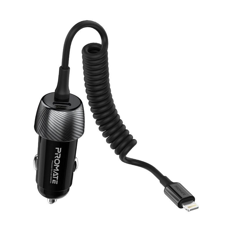 شاحن سيارة بروميت مع كابل ، شاحن تيار مستمر عالمي بقوة 33 واط مع شحن مدمج من البرق ، منفذ USB-C ومقاومة للحرارة لأجهزة iPhone 13 و iPad Air و AirPods Pro و PowerDrive-33PDI