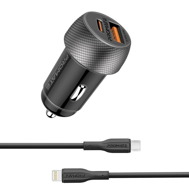 شاحن سيارة بروميت ثنائي المنفذ بقوة 33 وات مع توصيل طاقة USB-C وQC 3.0 USB-A، كابل من النوع C إلى Lightning بطول 1.2 متر، لأجهزة iOS وAndroid، حماية ذكية للشريحة، تصميم صغير أنيق — صورة 1