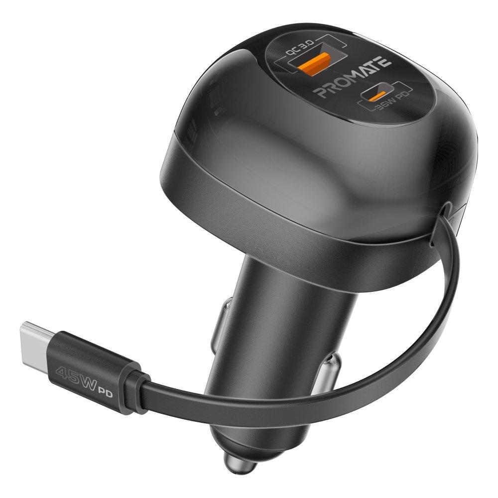 برومات Promate multi-port Car Charger With Retractable usb-c Cable And usb-c Port Qualc 62w