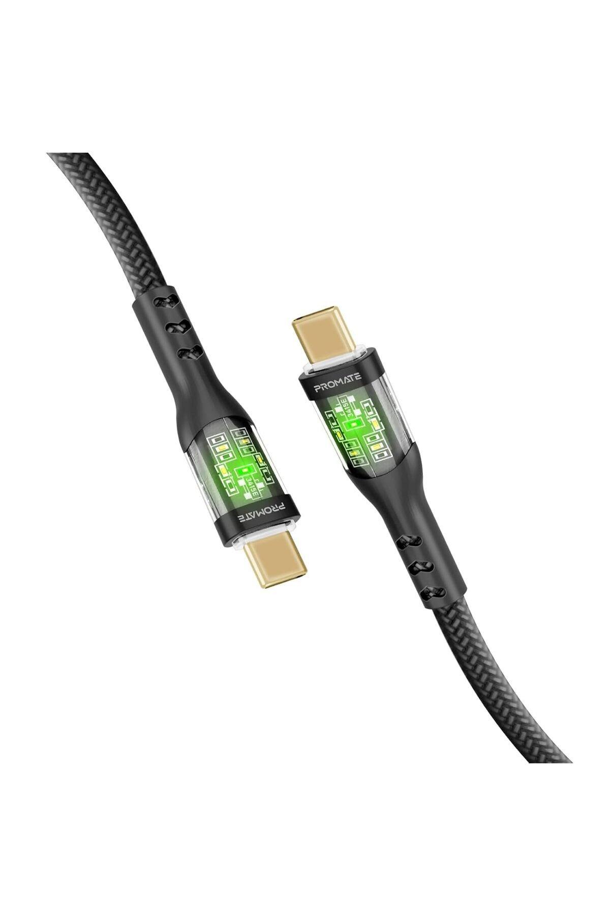 Promate USB-C Cable, Transparent Shell, 60W, 480Mbps, 200cm Nylon ...