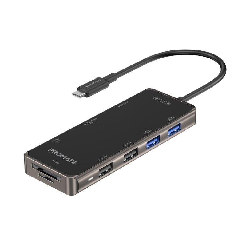 موزع USB-C من Promate ، ومحول USB من النوع C 9 في 1 مع إيثرنت RJ45 بسرعة 1000 ميجابت في الثانية ، وتوصيل طاقة USB-C بقوة 100 واط ، و 4K HDMI ، و 4 منافذ USB ، وفتحة بطاقة TF / SD لأجهزة MacBook Pro و  — صورة 1