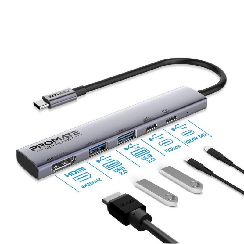 بروميت موزع UCB-C متعدد المنافذ 5 في 1 يحتوي على منفذين USB-A بسرعة 5Gbps ومنفذ USB-C يدعم توصيل الطاقة بقدرة 100 واط ومنفذ USB-C يدعم نقل بيانات بسرعة 480Mbps ومنفذ HDMI بدقة 4K@60Hz — صورة 1