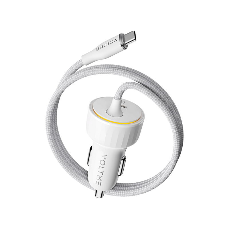 شاحن سيارة ڤولتمي كازو سبيدو بلس بسلك مدمج USB-C وبمنفذ USB-C بقوة 60 واط - أبيض