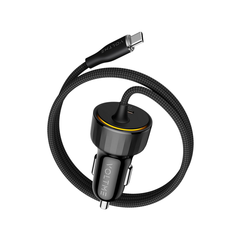 شاحن سيارة ڤولتمي كازو سبيدو بلس بسلك مدمج USB-C وبمنفذ USB-C بقوة 60 واط - أسود
