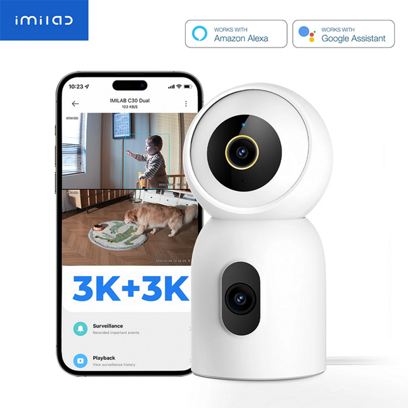 كاميرا مراقبة إيميلاب ذكية داخلية ثنائية بدقة 3K+3K واي فاي تعمل بالكهرباء C30-Dual - أبيض