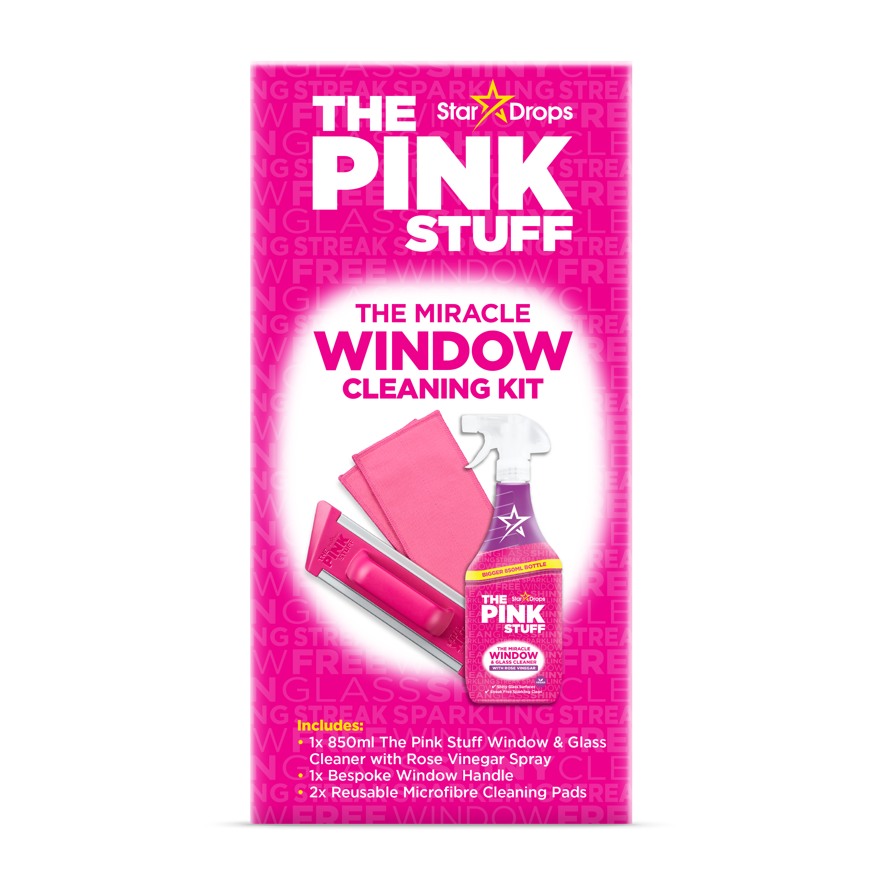 The pink stuff miracle window cleaning kit – 850ml glass cleaner with rose vinegar, window handle & 2 microfibre pads , Material: Plastic, Handle Type: Fixed Handle