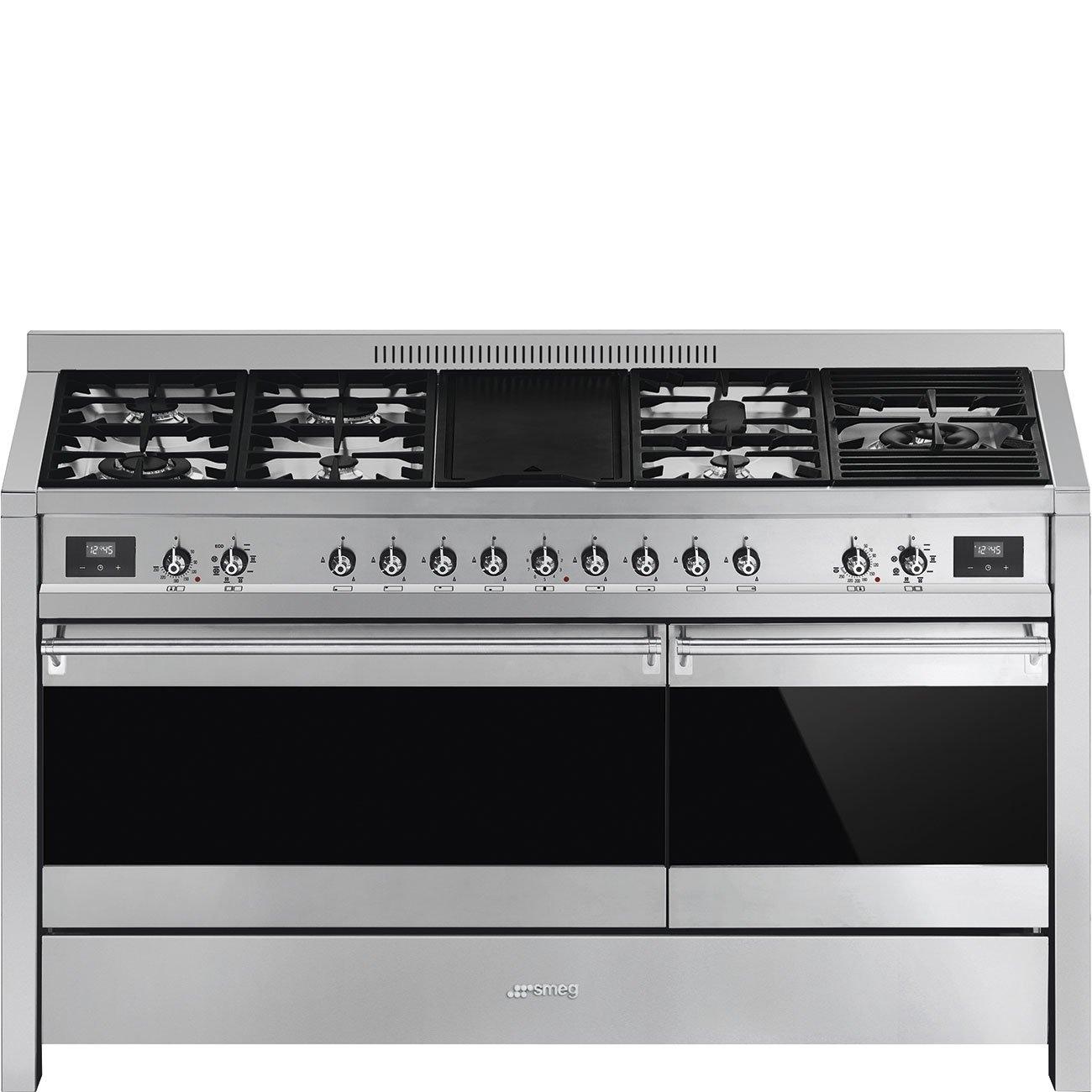 smeg Smeg 150cm Opera Freestanding Gas Hob 7 Burners Electric Grill 2 Electric Oven Stainl 90 ml , Appliance Type: Stove & Oven, Fuel Type: Multi-Fuel, Oven/Chamber Capacity: 90, 7, Digital, Freestanding, Knobs, 2 Years