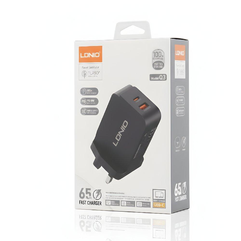 ldnio Ldnio Dual Port Charger usb-c + usb-a Q3 black 65w , Color: Black, Key Features: Fast Charging, Wireless Charging Compatible: No, 65, Yes, 65, 2 Years