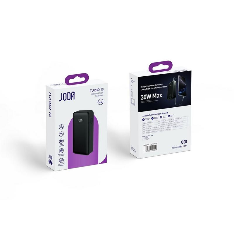 Joda turbo 10 10000mah pd 30w power bank black led display 2-port 1usb-c , 1usb-a من جودا. إكسسوار صوتي عملي ومناسب للاستخدام اليومي مع الأجهزة الحديثة.
