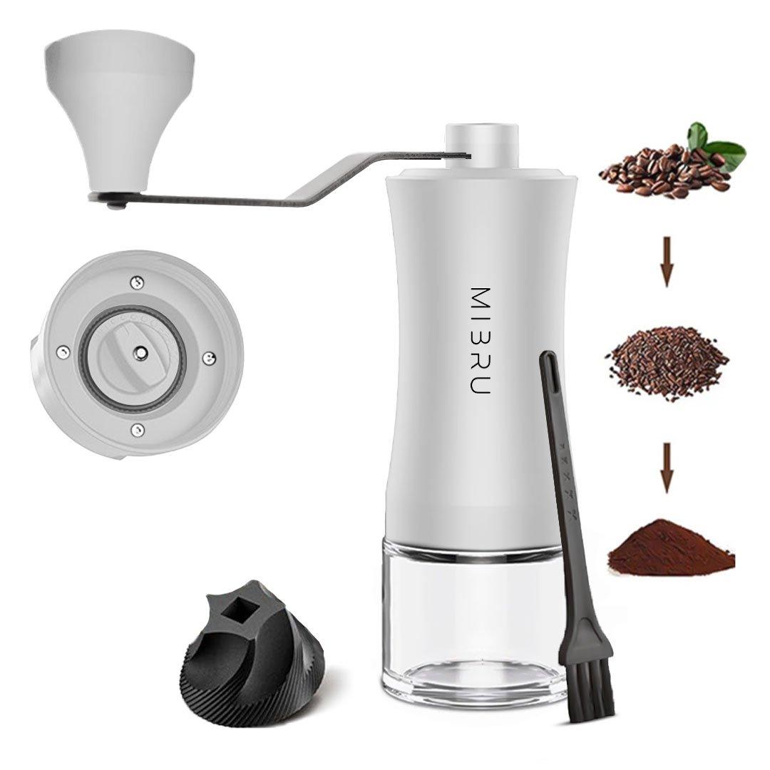 Mibru manual coffee ceramic burr grinder stainless steel coffee mill for drip coffee espresso for home settings and ergonomic handle for home office traveling camping or hiking white 1
