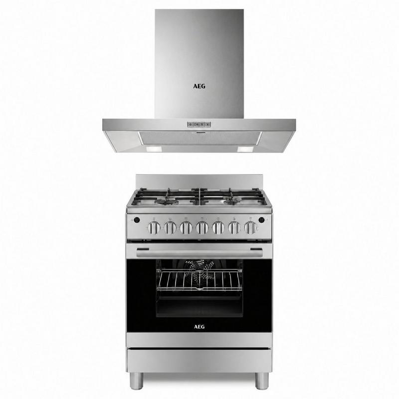 موقد قائم بذاته من ايج مقاس 60 سم - 4 شعلات غاز وفرن كهربائي سعة 71 لترًا، مصنوع من الفولاذ المقاوم للصدأ - شفاط مطبخ من ايج مقاس 60 سم، مصنوع من الفولاذ المقاوم للصدأ