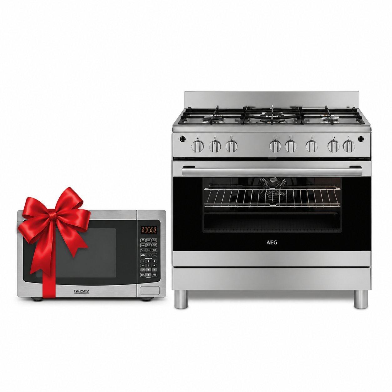 aeg Aeg 90cm Freestanding Cooker 5 Gas Burners And Gas Oven 116l Stainless Steel Baumatic Freestanding Microwave Oven With Grill 42 Ltrs Steel OVEN116l