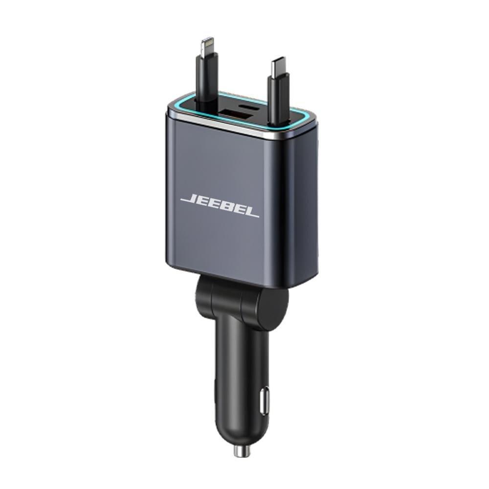 jeebel Jeebel Car Charger With Dual built-in Cables , Color: Black, Device Type: Accessory, Material: ABS Plastic, Charging Type: Wired, Yes, 17x8x4, 2 Years, 2 Years