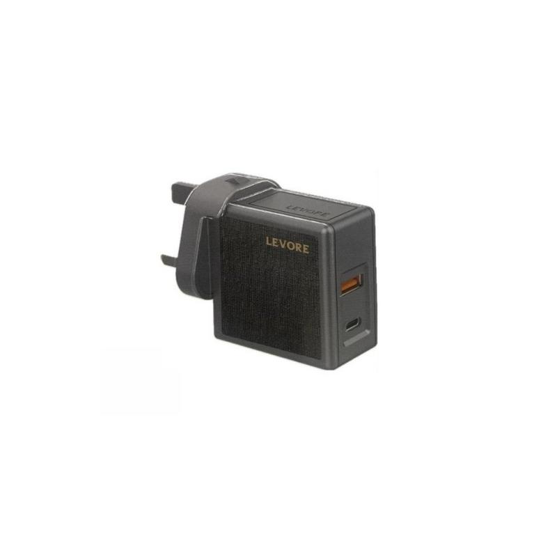 شاحن جداري ليفوري بتقنية gan بمنفذ usb-c ومنفذ usb بقوة 65 واط - رمادي