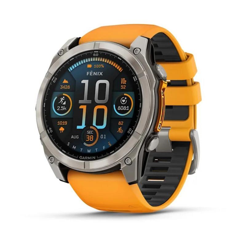 Fenix® 8 – 51 ملم، amoled تيتانيوم بالياقوت مع حزام سيليكون برتقالي شرارة/جرافيت