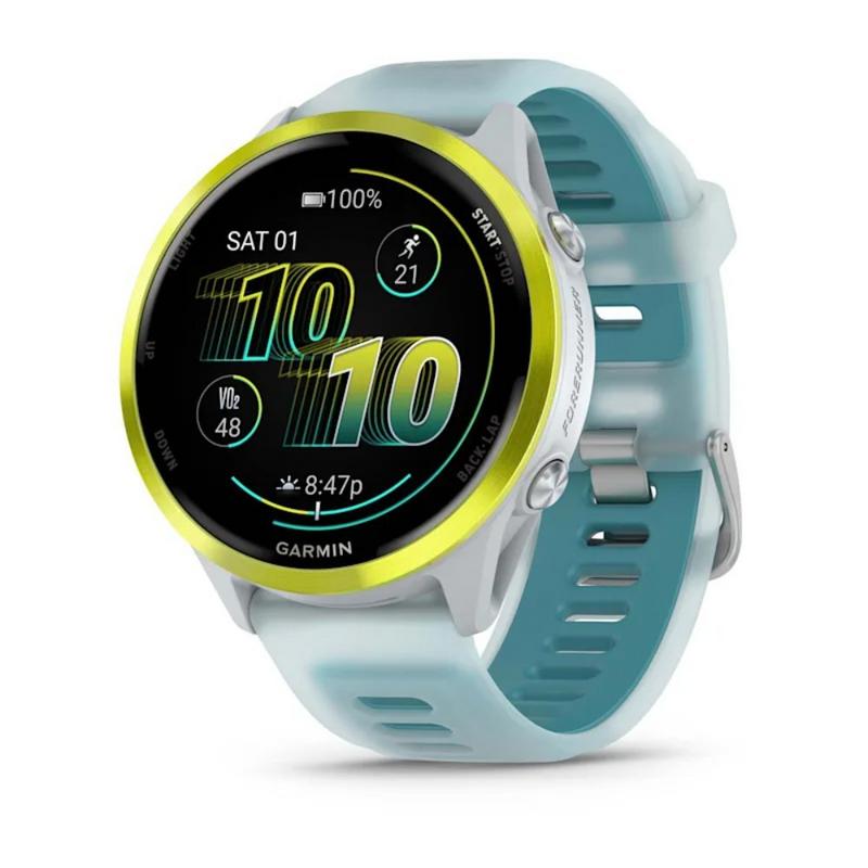 Forerunner® 570 أمبير أصفر من الألومنيوم مع حزام شفاف أبيض/فيروزي