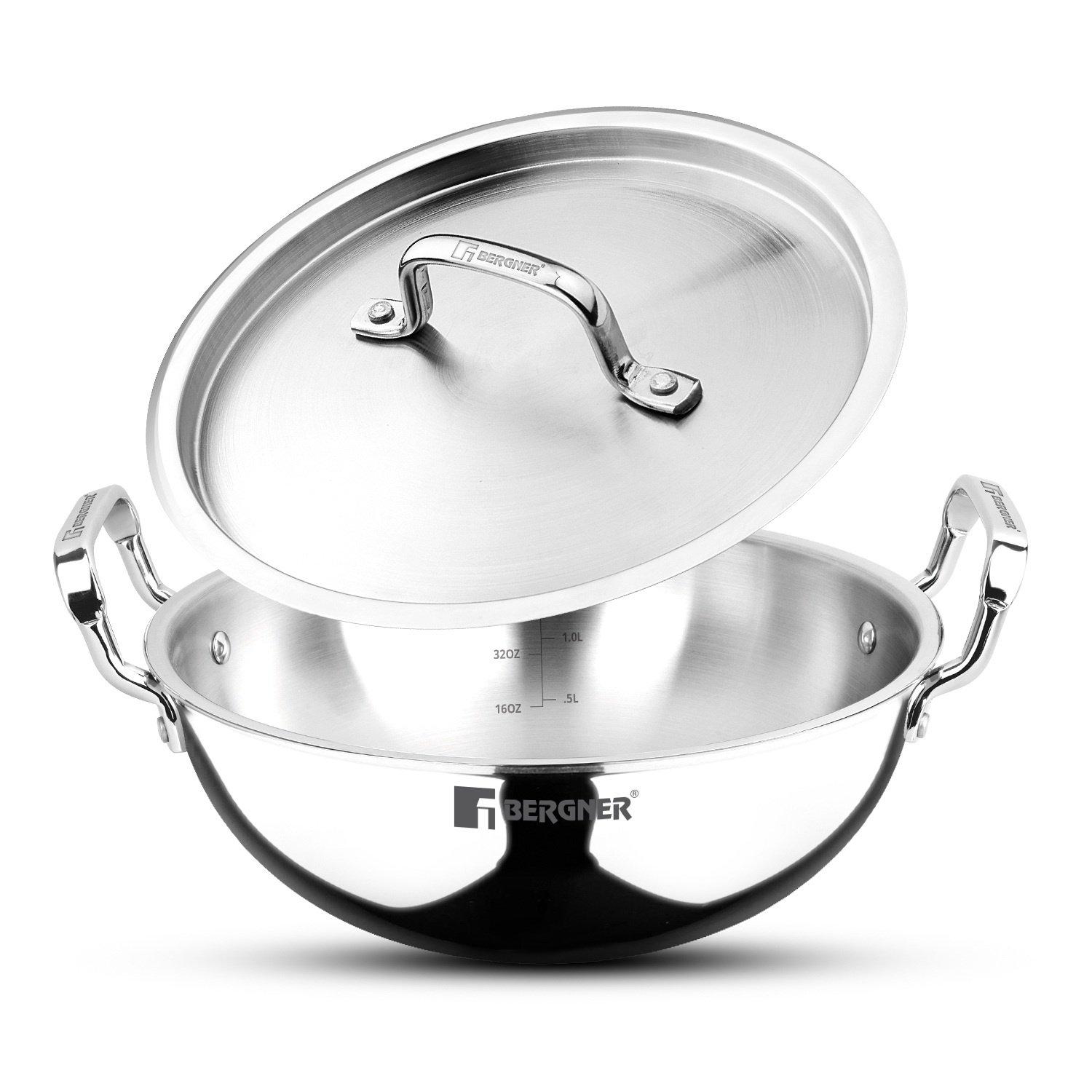 BERGNER BERGNER Tripro 30cm Stainless Steel Deep Pan Kadai With Lid Healthy Cooking With Less Oil Metal Spatula Friendly Wok Handles Induction Gas Stove Compatible 6 ml , Capacity: 6, Material: Stainless Steel, Coating Type: Multi-Coated, Oven Safe: Yes, 30, 2
