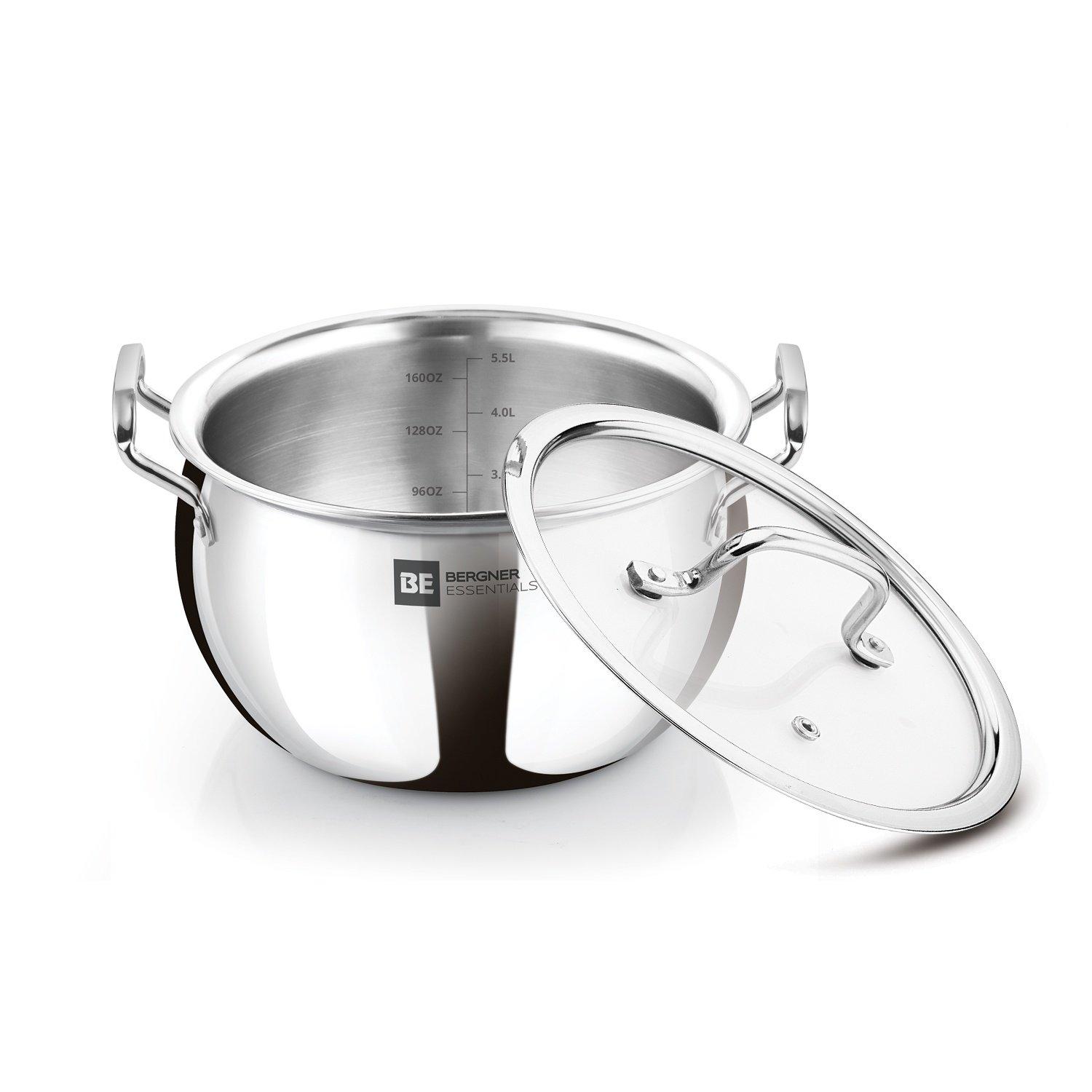 BERGNER BERGNER Essentials 24cm Stainless Steel Large Rice Pot Healthy Cooking Handi With Glass Lid For Biryani Pulao Soups Curries Even Heating Gas Induction Compatible 5.5 ml , Capacity: 5.5, Material: Stainless Steel, Coating Type: Multi-Coated, Oven Safe: Yes, 24, 2