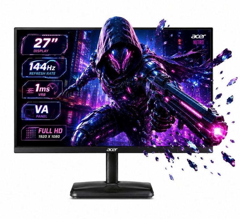 شاشة acer ek271p0bi للألعاب، 27 بوصة، لوحة va، معدل تحديث 144hz، زمن استجابة 1ms، لون أسود.