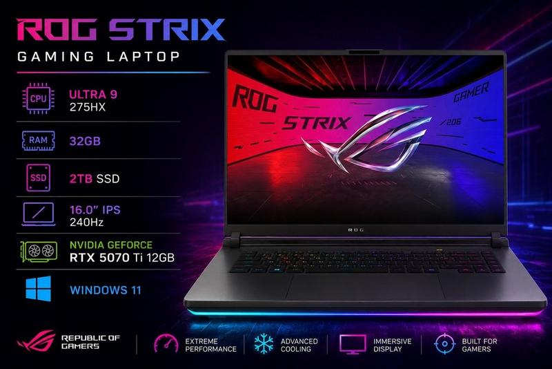 لابتوب ألعاب أسوس روج ستريكس g16، إنتل كور ألترا 9، رام 32 جيجابايت، ssd ‏2 تيرابايت، rtx 5070 ti، شاشة 240 هرتز