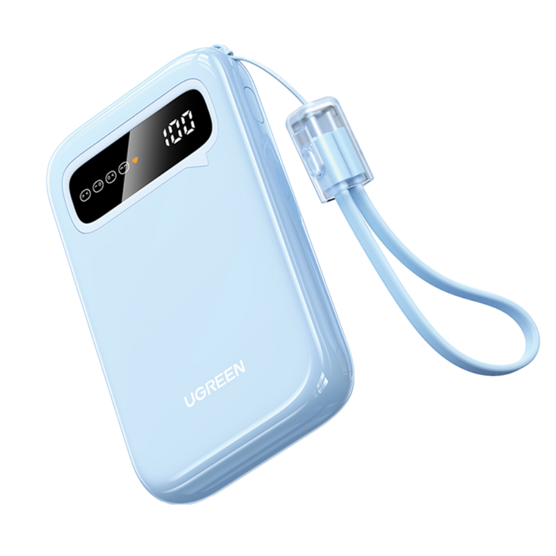 شاحن متنقل يوجرين بسلك شاحن مدمج وبمنفذ usb-c ومنفذ usb بسعة 10000 مللي أمبير وبقوة 20 واط - سماوي