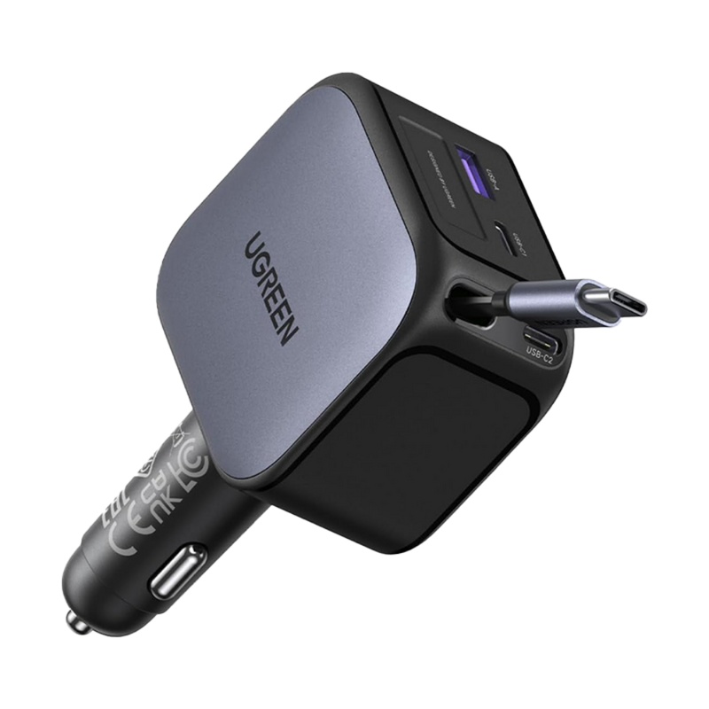 شاحن سيارة يوجرين بسلك قابل للسحب بمنفذين usb-c ومنفذ usb وبقوة 145 واط - رمادي