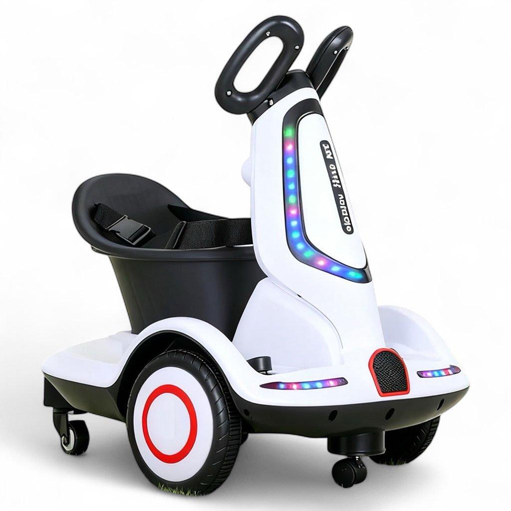 Kids scooter with 4 wheels, electric scooter for kids with comfortable seat & safety belt, scooter for children remote control, 360° degree rotating, ride toys with lights & music 1