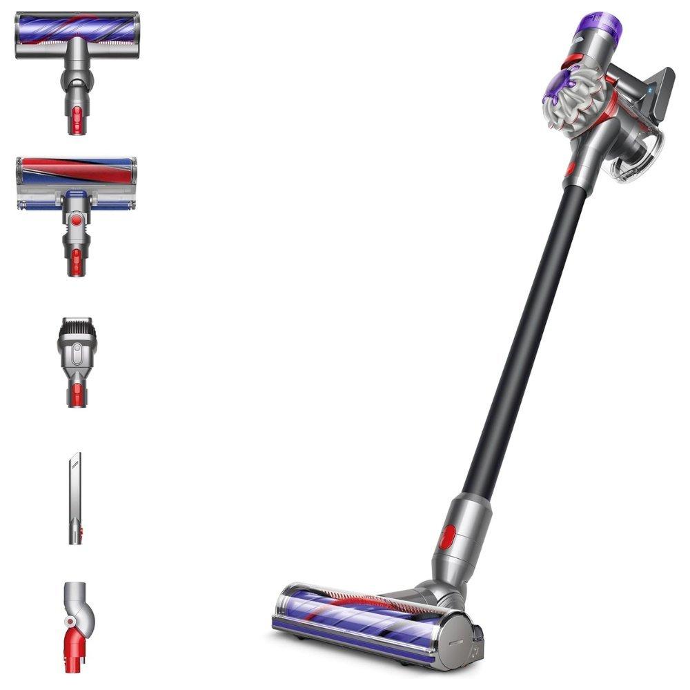 مكنسة كهربائية لاسلكية دايسون في 8 توتال كلين (dyson v8 total clean) بقوة شفط فائقة، تعمل حتى 40 دقيقة بدون انقطاع مع نظام ترشيح كامل للمكنسة ومجموعة ملحقات كاملة، لون نيكل/أسود مع ضمان لمدة عامين.