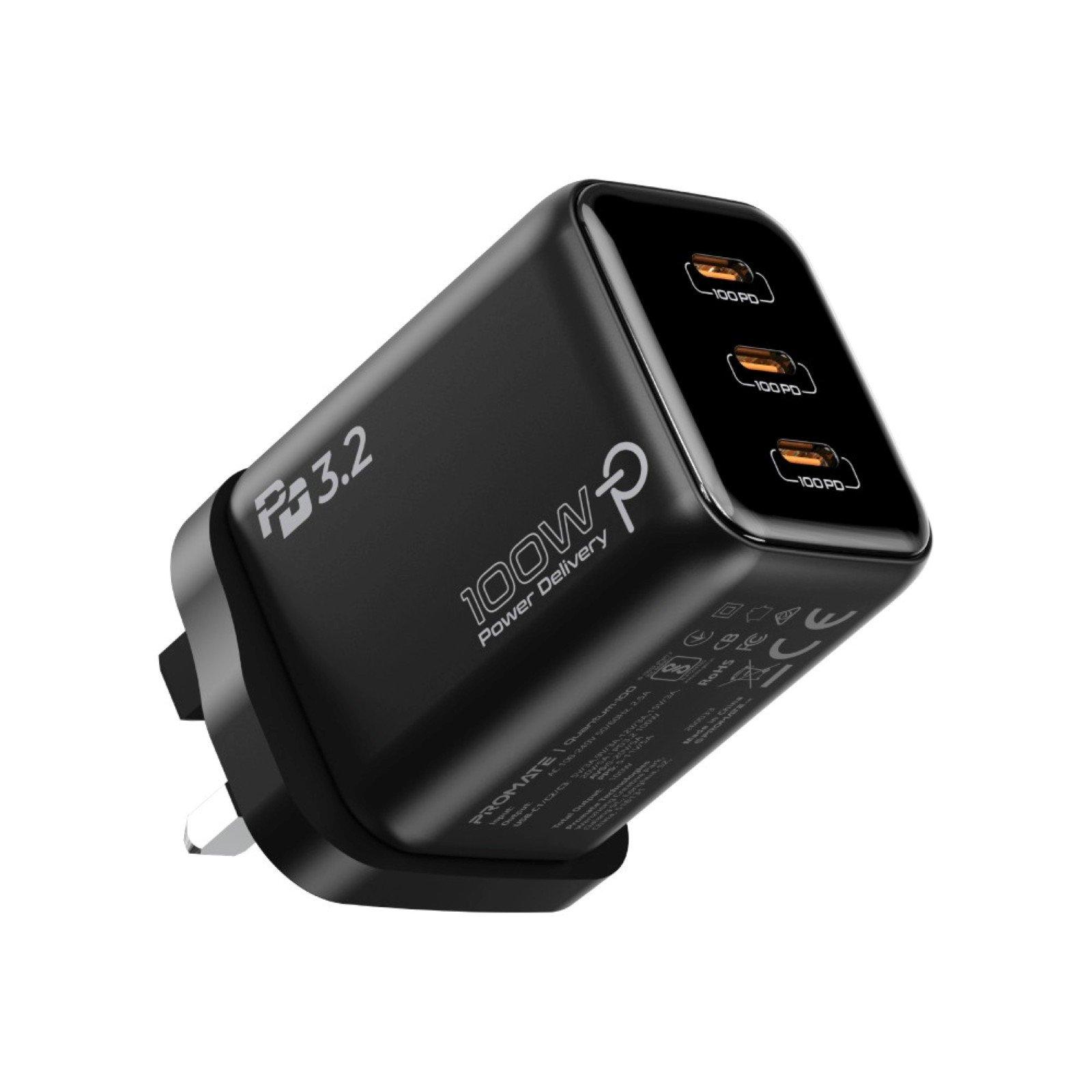 promate Promate quantum-100 3-port usb-c Wall Charger black black , Color: Black, Charging Type: USB-C, Output Power: 100, 2 Years